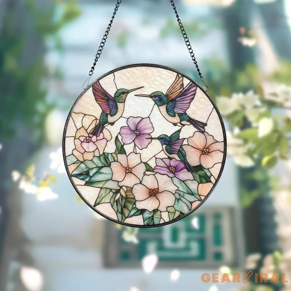 Pastel Hummingbirds and Flowers Stained Glass Suncatcher Soft Floral Window Hanging Romantic Garden Decor Gift for Bird