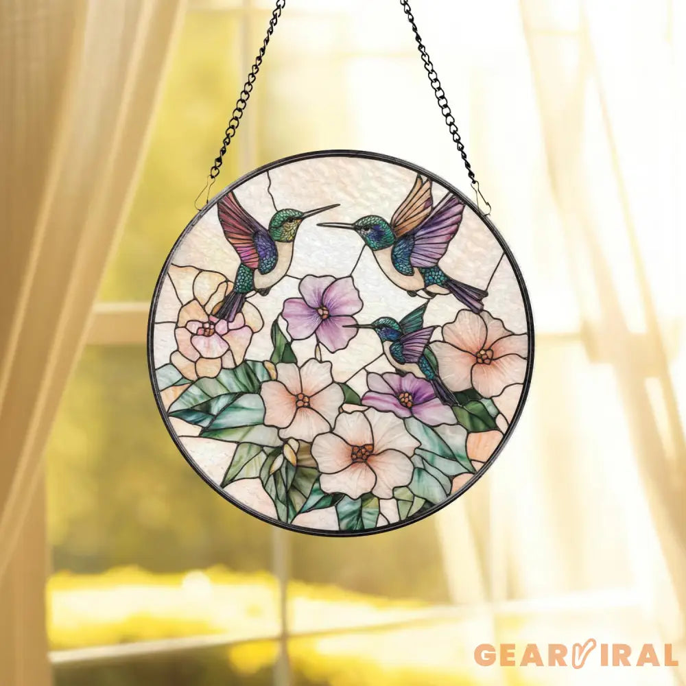 Pastel Hummingbirds and Flowers Stained Glass Suncatcher Soft Floral Window Hanging Romantic Garden Decor Gift for Bird