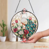 Peacock Stained Glass Suncatcher Elegant Bird Floral Window Panel Round Hanging Peacock Decor for Garden Porch or
