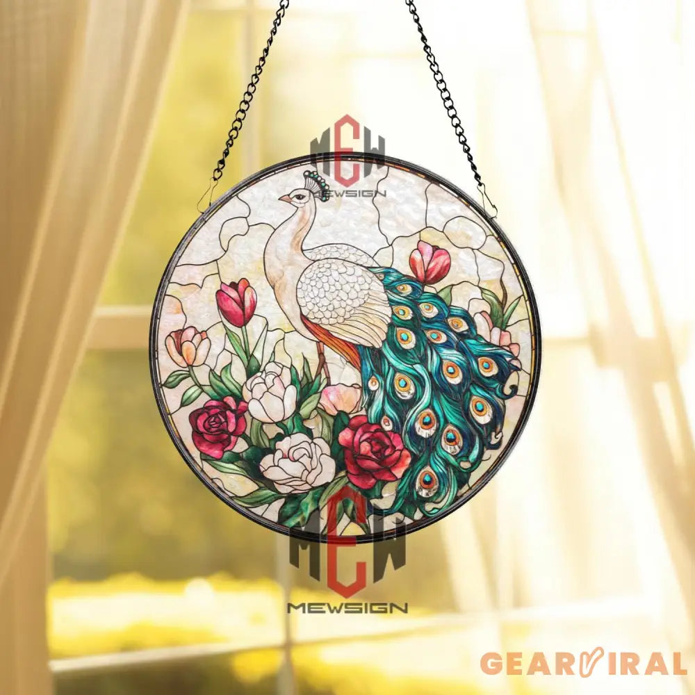 Peacock Stained Glass Suncatcher Elegant Bird Floral Window Panel Round Hanging Peacock Decor for Garden Porch or