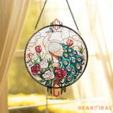 Peacock Stained Glass Suncatcher Elegant Bird Floral Window Panel Round Hanging Peacock Decor for Garden Porch or