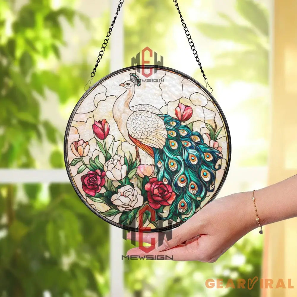 Peacock Stained Glass Suncatcher Elegant Bird Floral Window Panel Round Hanging Peacock Decor for Garden Porch or