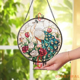Peacock Stained Glass Suncatcher Elegant Bird Floral Window Panel Round Hanging Peacock Decor for Garden Porch or