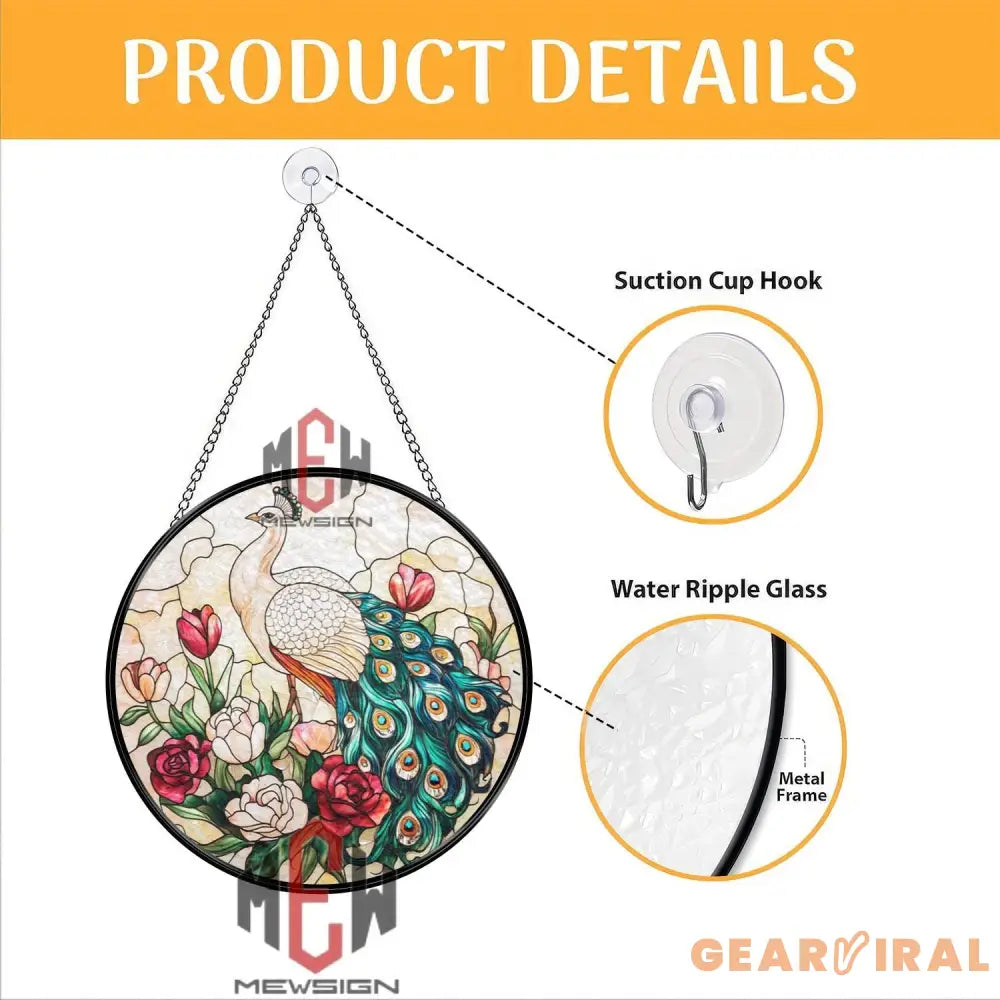 Peacock Stained Glass Suncatcher Elegant Bird Floral Window Panel Round Hanging Peacock Decor for Garden Porch or