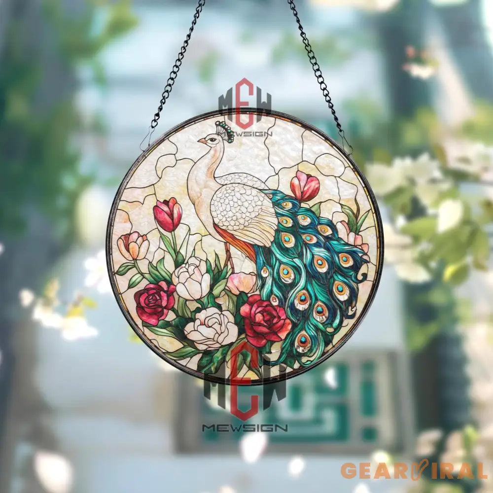 Peacock Stained Glass Suncatcher Elegant Bird Floral Window Panel Round Hanging Peacock Decor for Garden Porch or