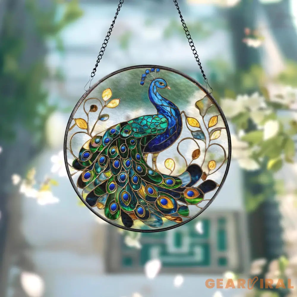 Peacock Stained Glass Suncatcher Elegant Blue and Green Bird Window Hanging Ornate Glass Art Decor Gift for Bird Lovers