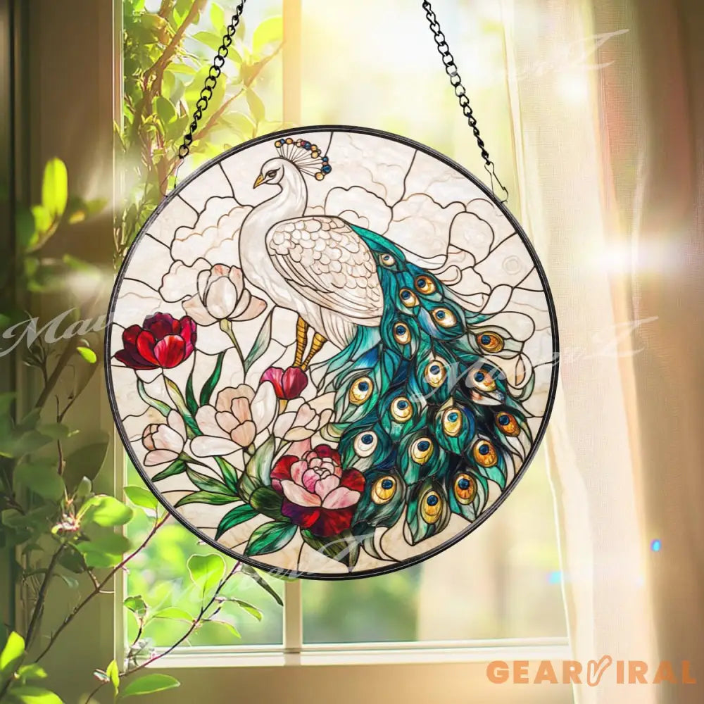 Peacock Stained Glass Suncatcher Elegant Window Hanging Panel with Flowers Bird Lover Gift Colorful Garden Window Decor