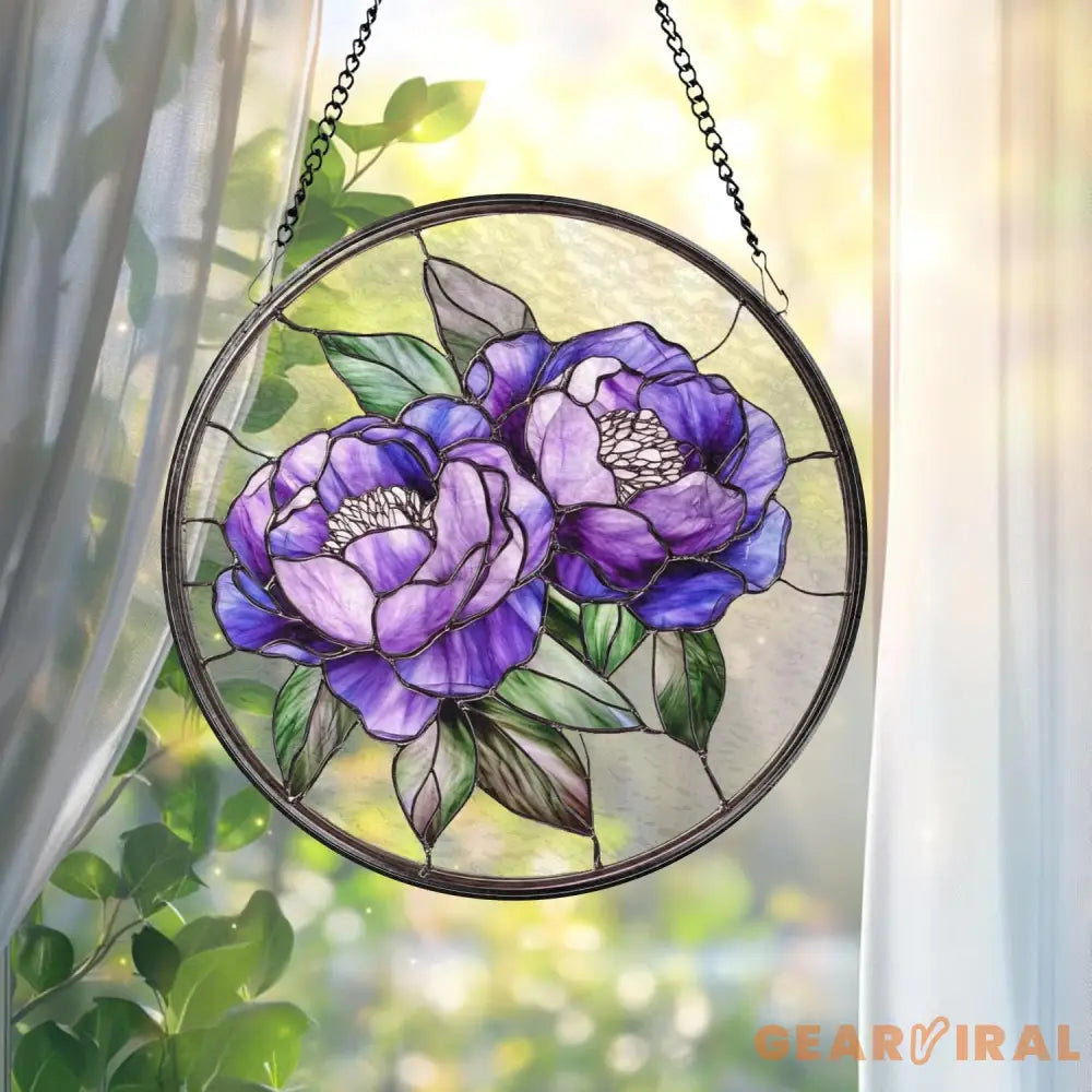 Peony Flower Glass Suncatcher Purple Peony Ornament Window Hanging Decor Mother’s Day Keepsake Garden Wall Art Gift for