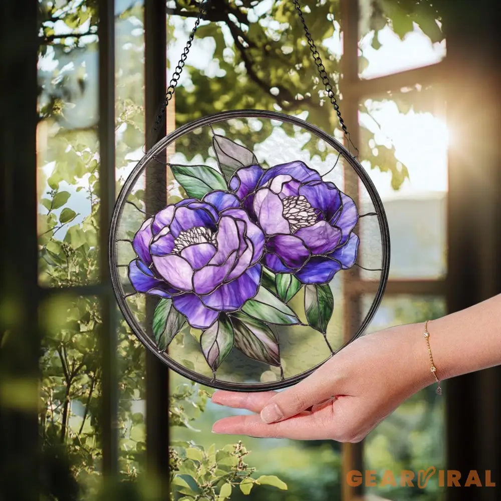 Peony Flower Glass Suncatcher Purple Peony Ornament Window Hanging Decor Mother’s Day Keepsake Garden Wall Art Gift for