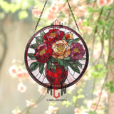 Peony Flower Stained Glass Suncatcher Red Vase Floral Window Panel Elegant Spring Decor Gift for Garden and Flower