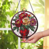 Peony Flower Stained Glass Suncatcher Red Vase Floral Window Panel Elegant Spring Decor Gift for Garden and Flower