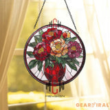 Peony Flower Stained Glass Suncatcher Red Vase Floral Window Panel Elegant Spring Decor Gift for Garden and Flower