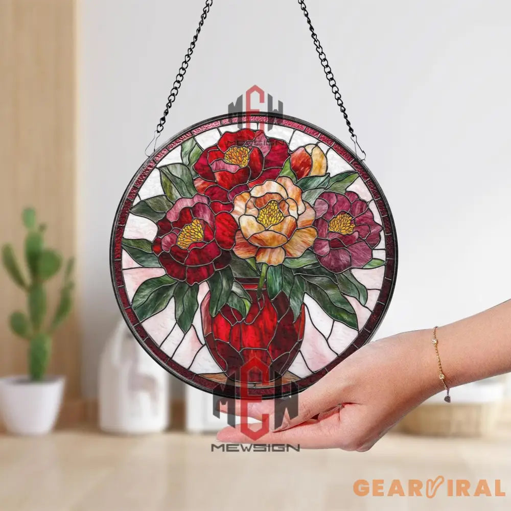 Peony Flower Stained Glass Suncatcher Red Vase Floral Window Panel Elegant Spring Decor Gift for Garden and Flower