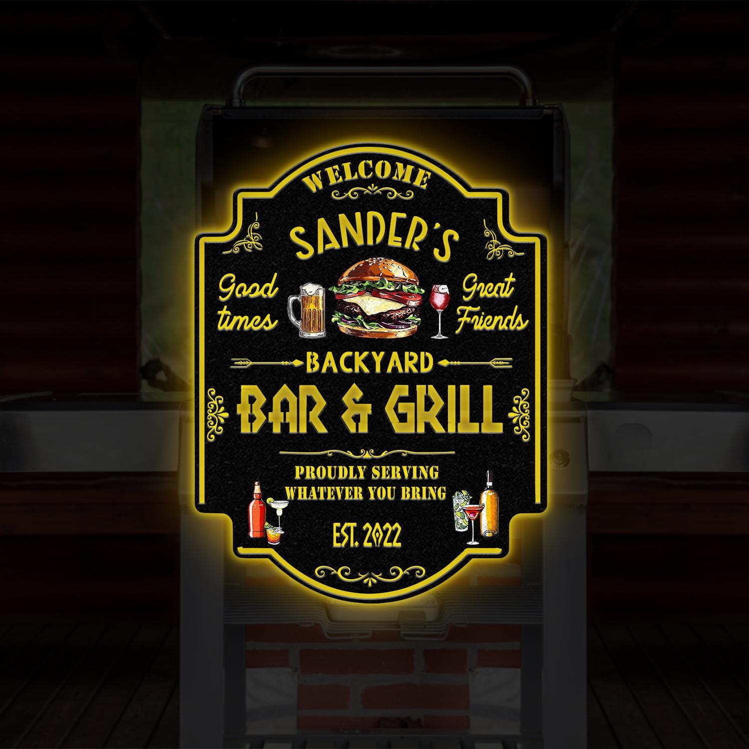 Personalized Backyard Sign LED Light, Custom Bar & Grill Sign, Metal Sign, Bar Signs, BBQ Signs, Bar Sign, Outdoor Kitchen Metal Signs