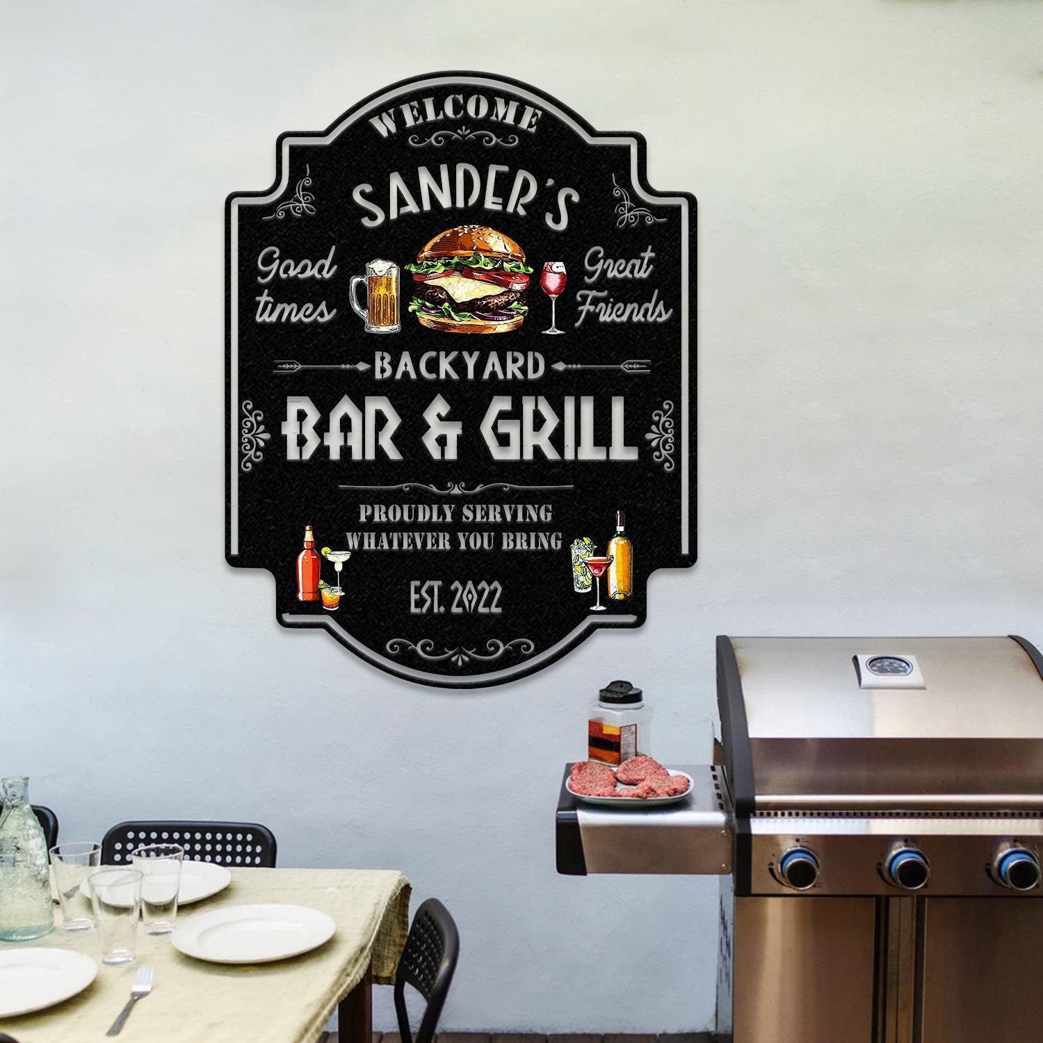 Personalized Backyard Sign LED Light, Custom Bar & Grill Sign, Metal Sign, Bar Signs, BBQ Signs, Bar Sign, Outdoor Kitchen Metal Signs