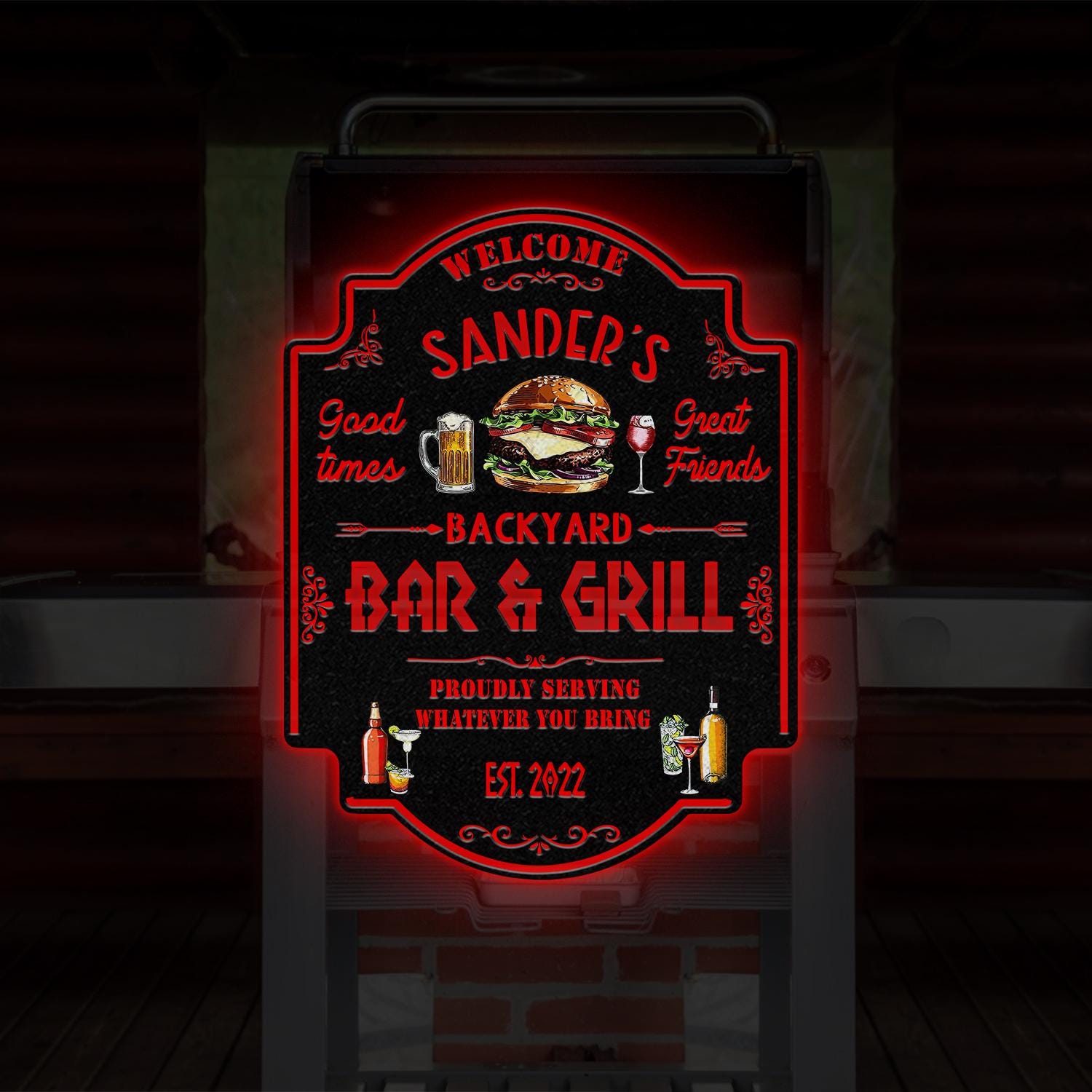 Personalized Backyard Sign LED Light, Custom Bar & Grill Sign, Metal Sign, Bar Signs, BBQ Signs, Bar Sign, Outdoor Kitchen Metal Signs