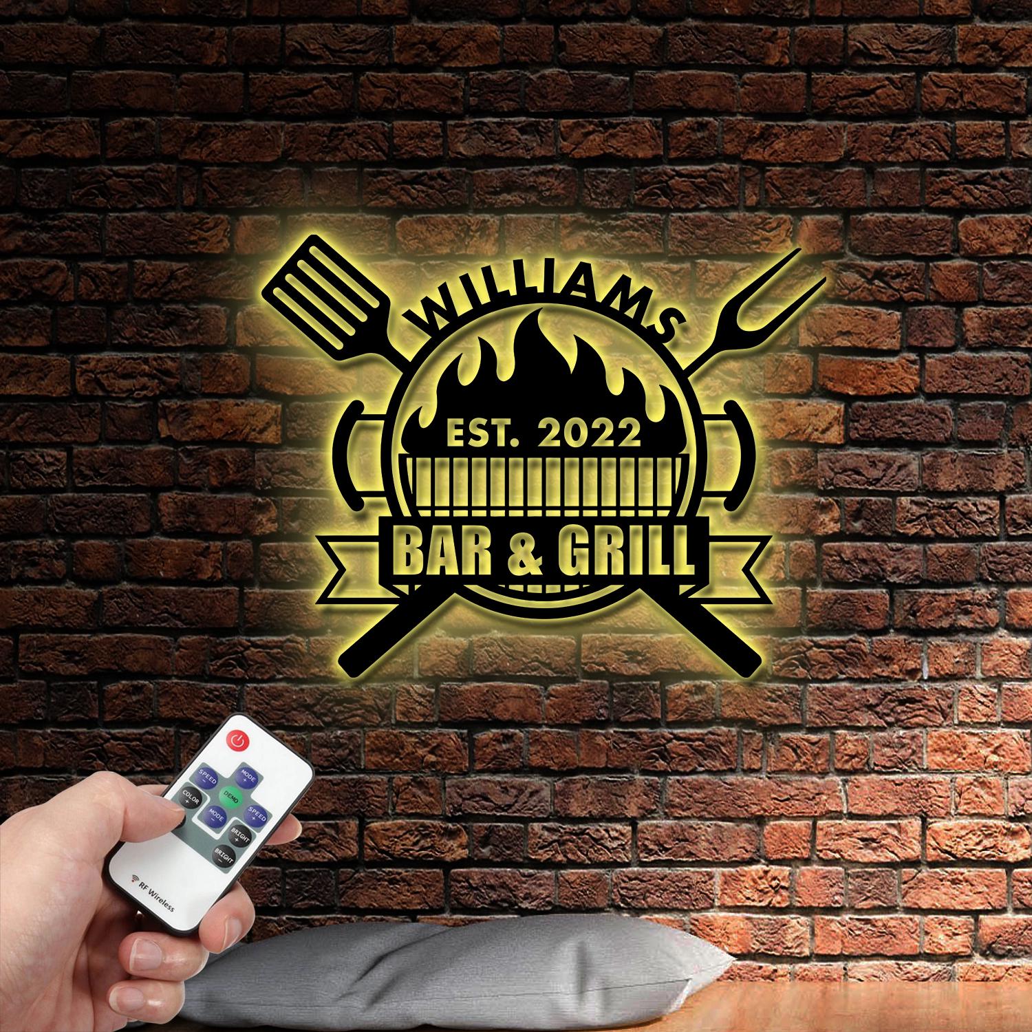 Personalized Bar and Grill Metal Wall Art with Led Lights, Custom Outdoor Metal Sign, Grill Sign Wall Decor, Housewarming Gift, Backyard Metal BBQ Sign
