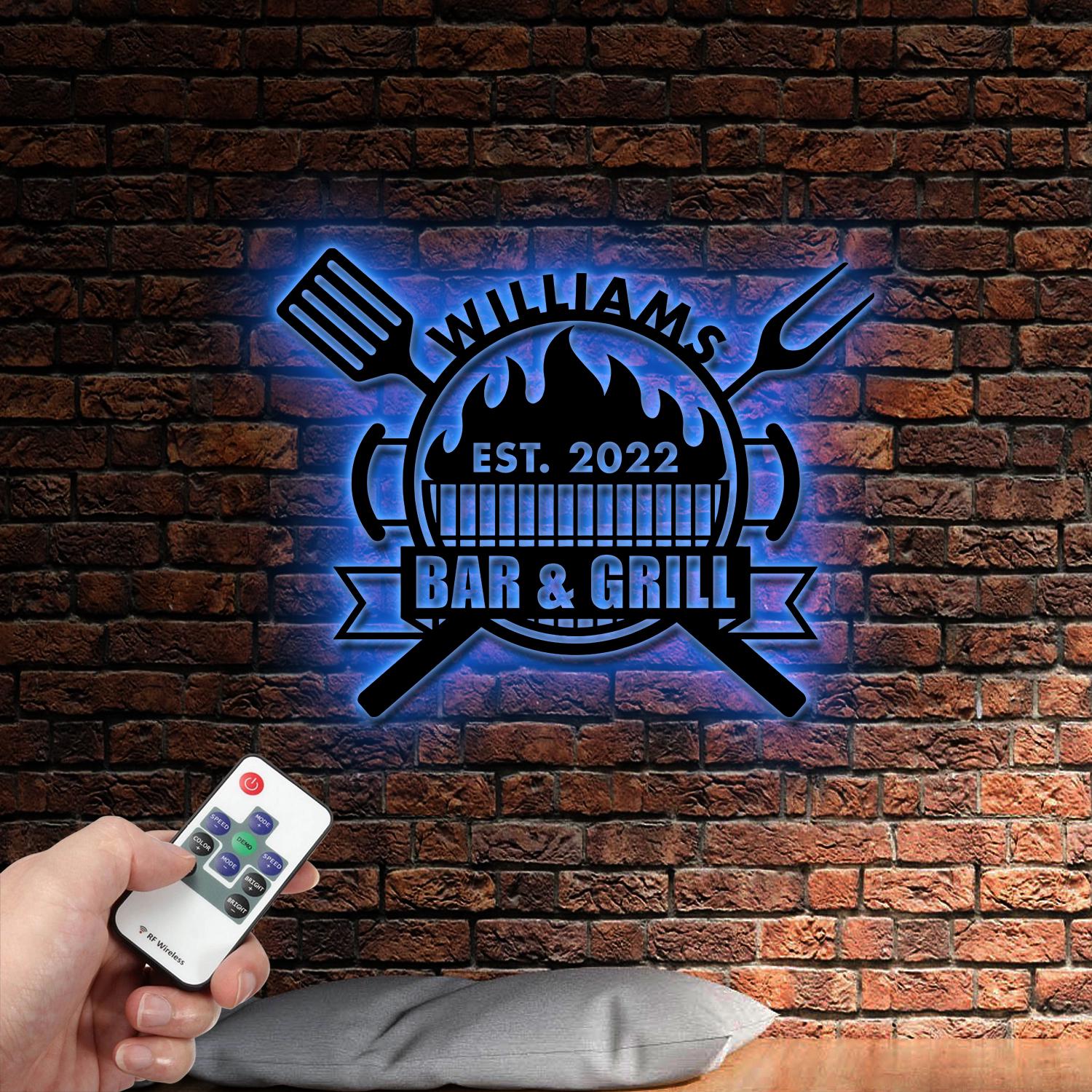 Personalized Bar and Grill Metal Wall Art with Led Lights, Custom Outdoor Metal Sign, Grill Sign Wall Decor, Housewarming Gift, Backyard Metal BBQ Sign