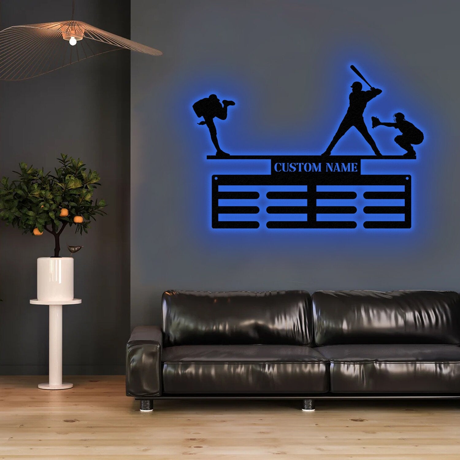 Personalized Baseball Award Medal Holder with Led Light, Baseball Player Name Medal Hanger, 12 Rungs for Medals & Ribbons, Baseball Gifts