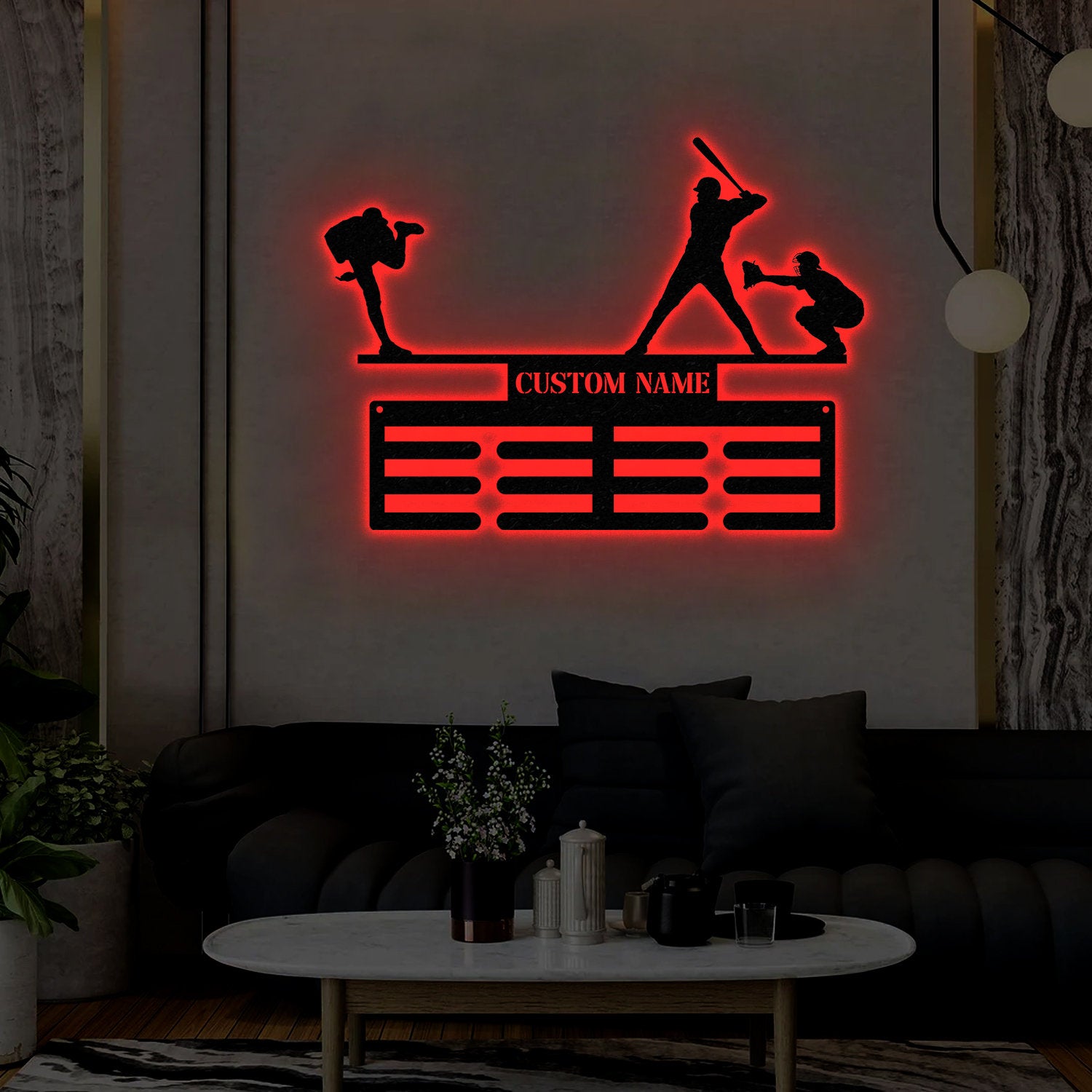 Personalized Baseball Award Medal Holder with Led Light, Baseball Player Name Medal Hanger, 12 Rungs for Medals & Ribbons, Baseball Gifts
