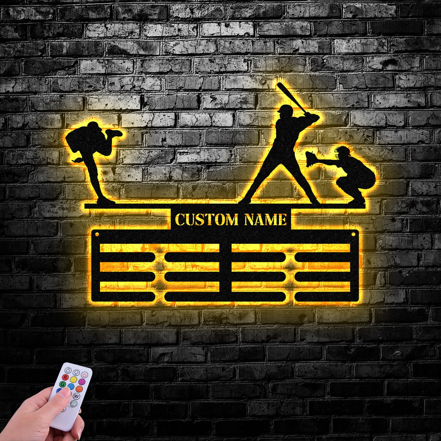 Personalized Baseball Award Medal Holder with Led Light, Baseball Player Name Medal Hanger, 12 Rungs for Medals & Ribbons, Baseball Gifts