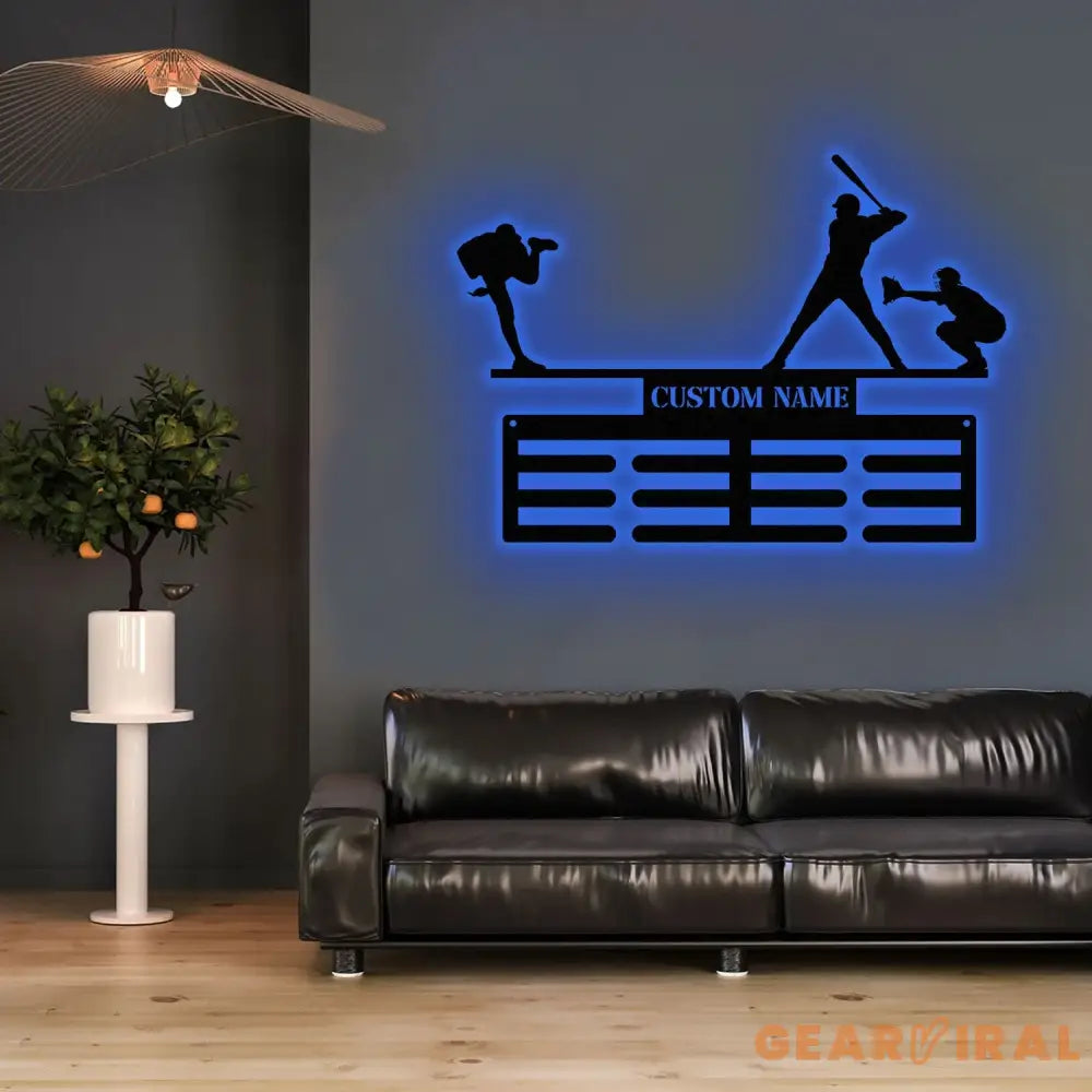 Personalized Baseball Award Medal Holder with Led Light Baseball Player Name Medal Hanger 12 Rungs for Medals & Ribbons