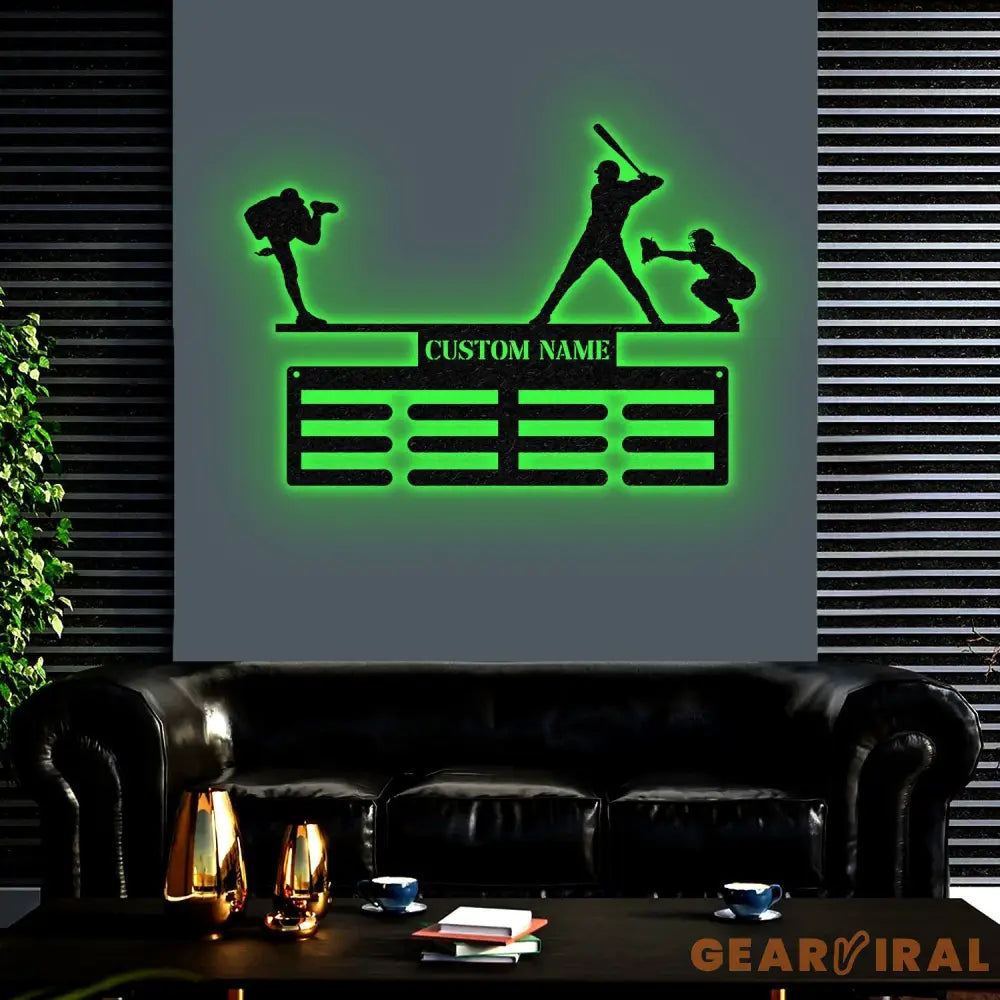 Personalized Baseball Award Medal Holder with Led Light Baseball Player Name Medal Hanger 12 Rungs for Medals & Ribbons