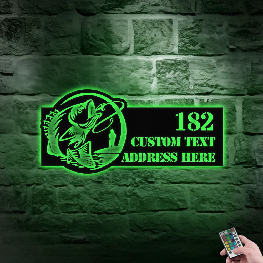 Personalized Bass Address Metal LED Sign - Fisherman Address Metal Wall Art - Outdoor Sign - Family LED Address Wall Art - Housewarming