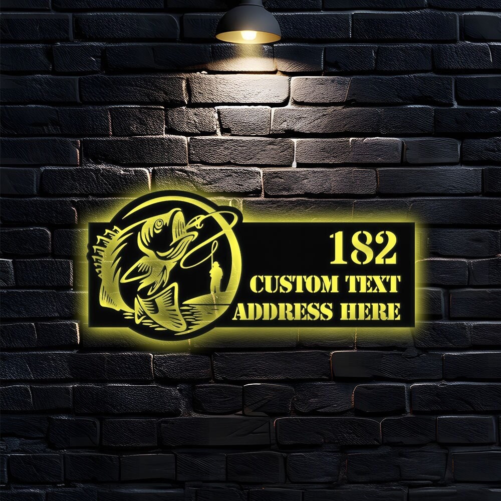 Personalized Bass Address Metal LED Sign - Fisherman Address Metal Wall Art - Outdoor Sign - Family LED Address Wall Art - Housewarming