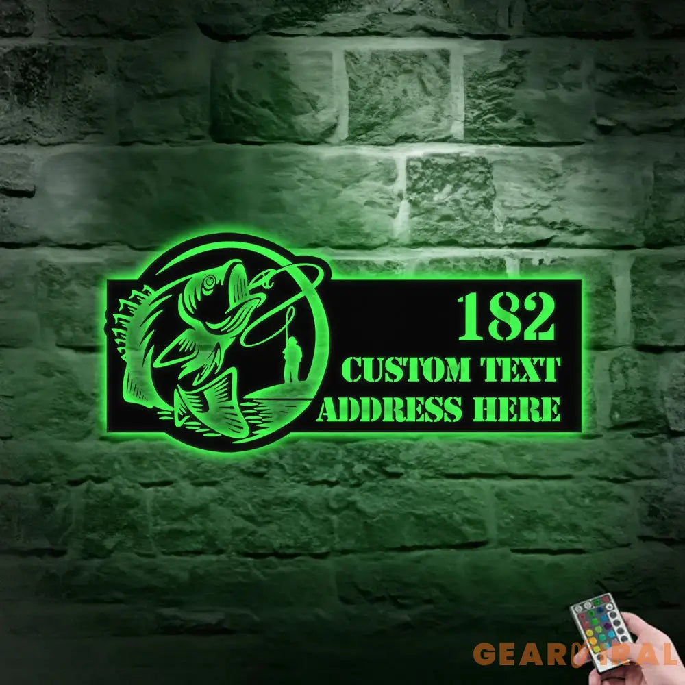 Personalized Bass Address Metal LED Sign - Fisherman Address Metal Wall Art - Outdoor Sign - Family LED Address Wall