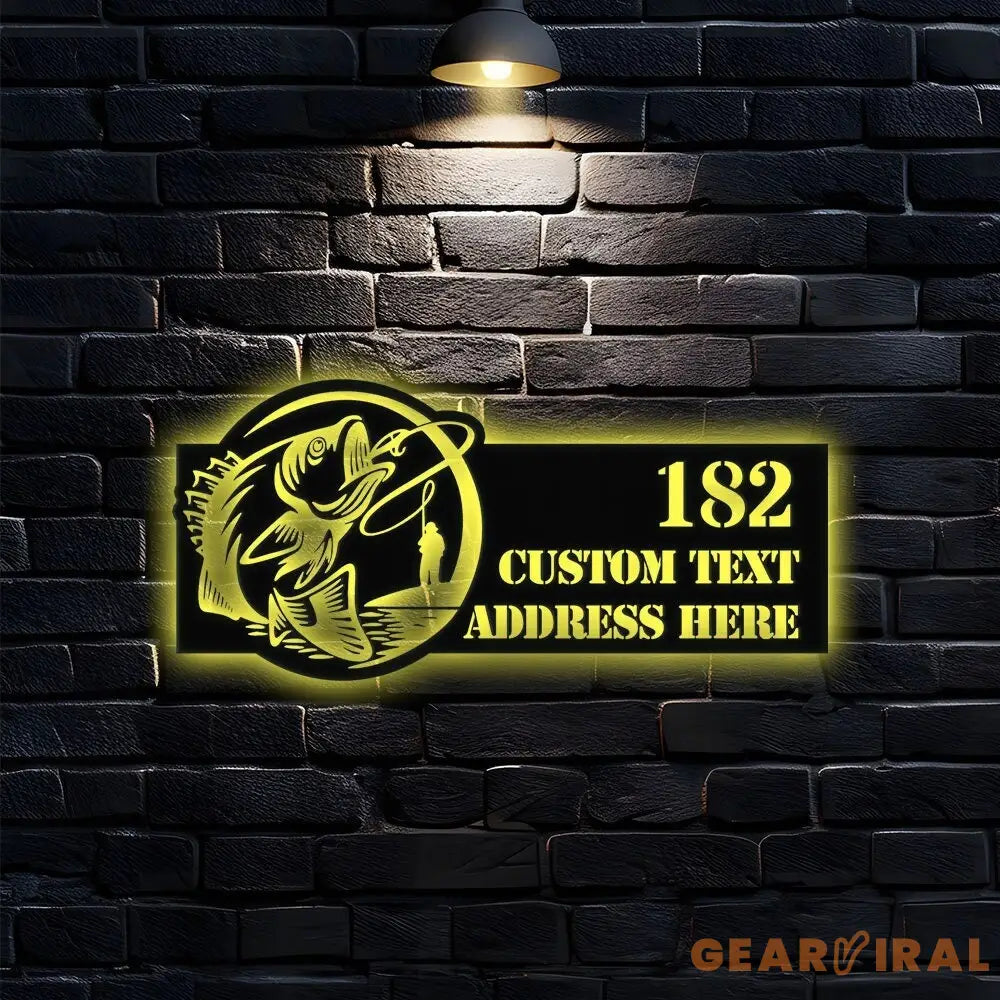 Personalized Bass Address Metal LED Sign - Fisherman Address Metal Wall Art - Outdoor Sign - Family LED Address Wall