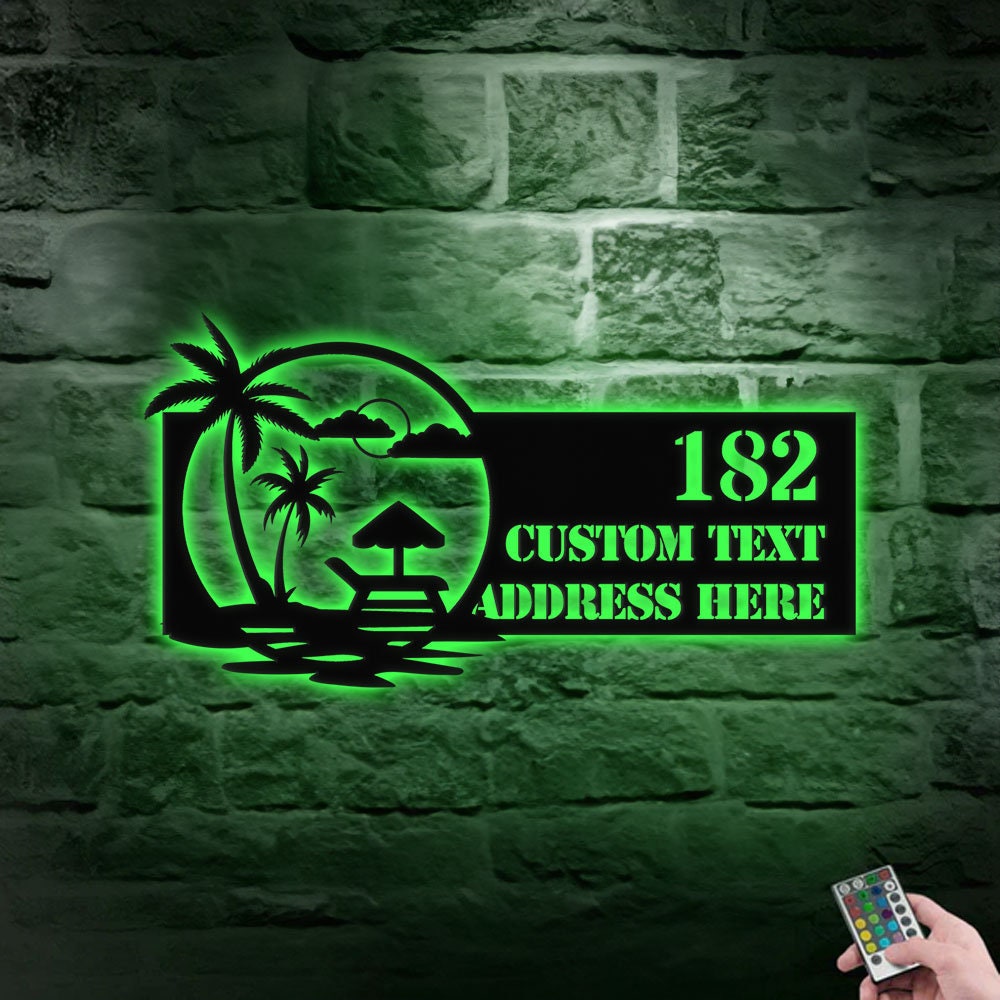 Personalized Beach Scene Palm Tree LED Metal - Address Sign House Number, Hanging Address - Personalize Family Name Sign - Wall Art