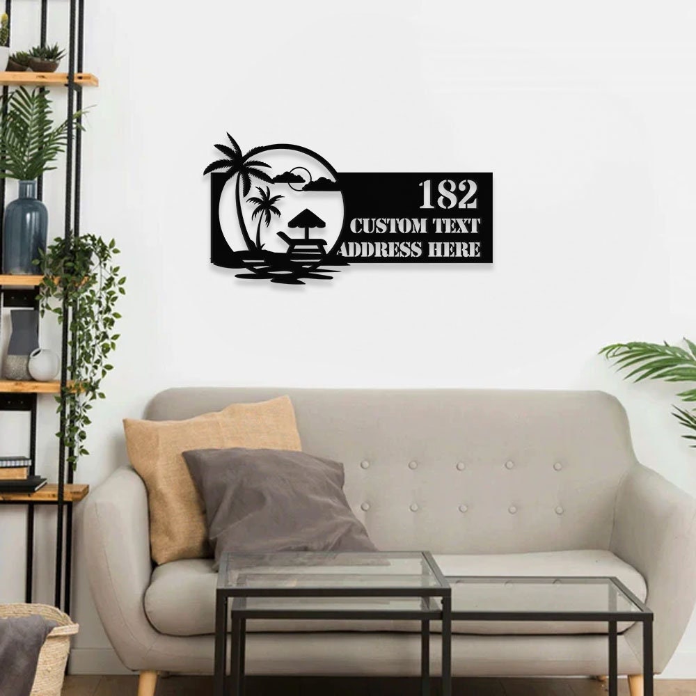 Personalized Beach Scene Palm Tree LED Metal - Address Sign House Number, Hanging Address - Personalize Family Name Sign - Wall Art