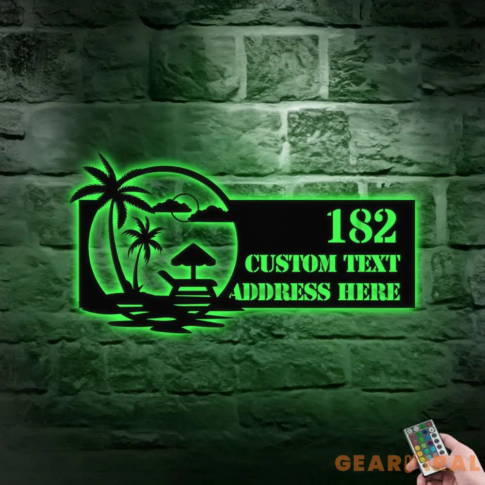 Personalized Beach Scene Palm Tree LED Metal - Address Sign House Number Hanging Address - Personalize Family Name Sign