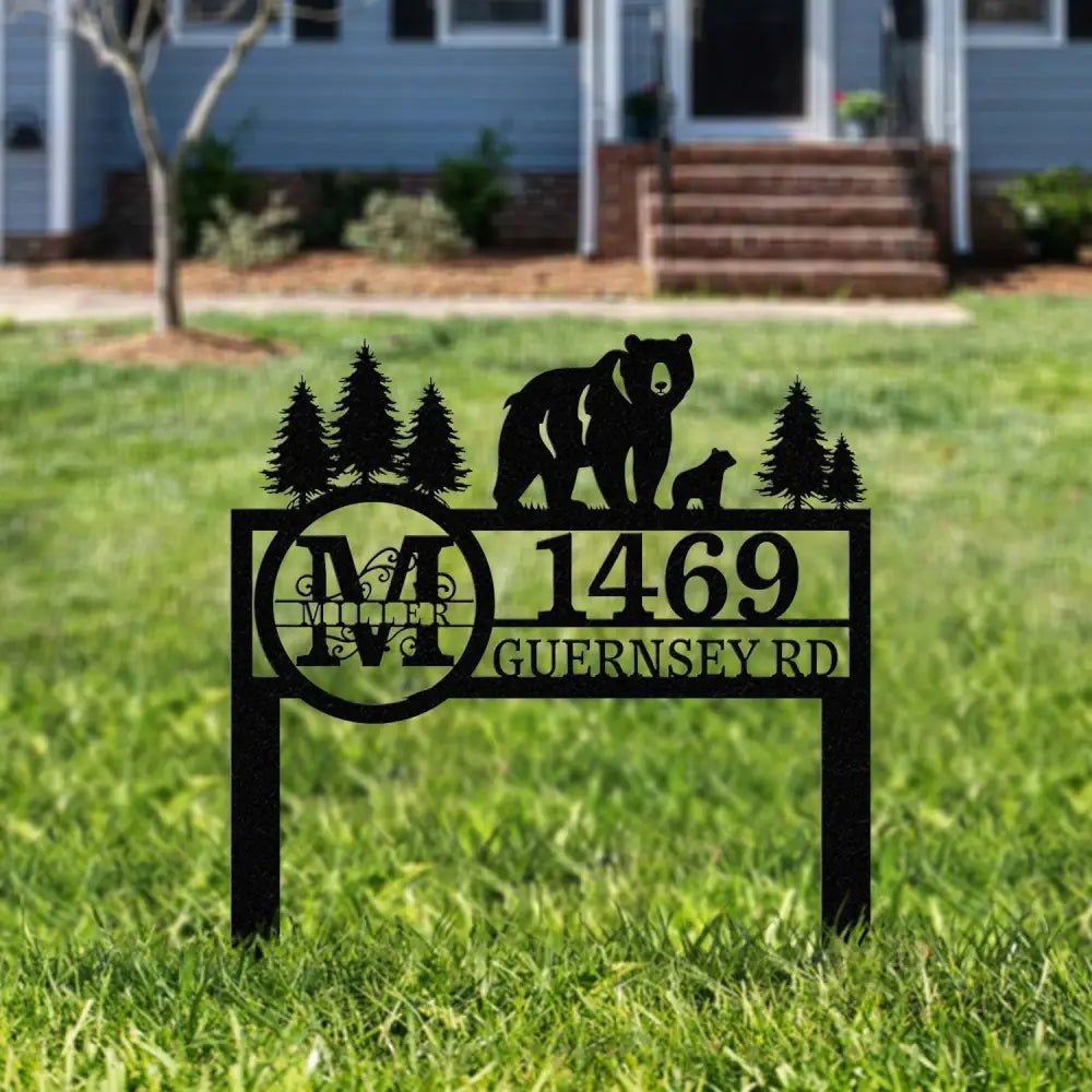 Personalized Bear Address Yard Stake Bear Address Sign Custom Family Name Sign House Number Plaque Yard Address sign