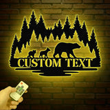 Personalized Bear Cabin Metal Sign with LED Light – Rustic Bear Decor for Cabin or Outdoors – Custom Door Monogram &