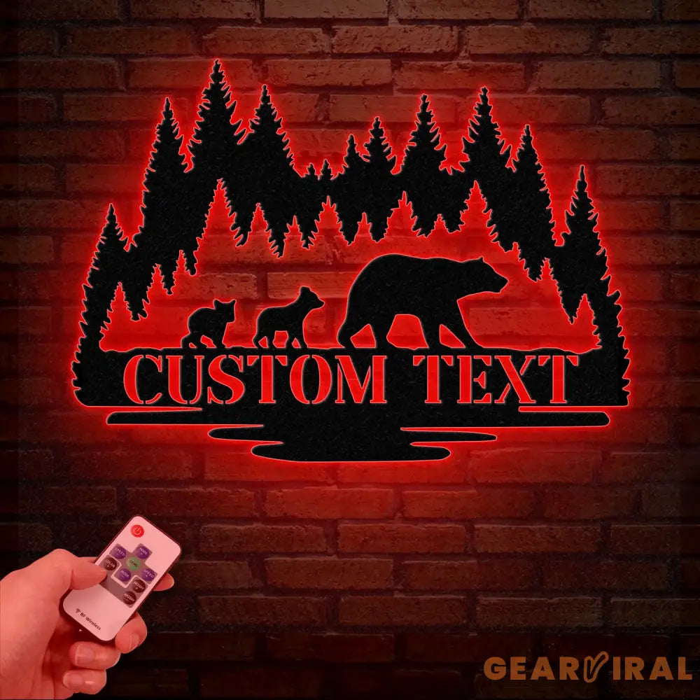 Personalized Bear Cabin Metal Sign with LED Light – Rustic Bear Decor for Cabin or Outdoors – Custom Door Monogram &