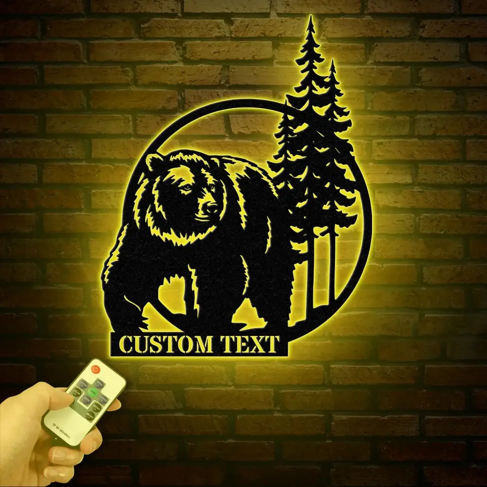 Personalized Bear Cabin Metal Sign with LED Light – Rustic Bear Decor for Cabin or Outdoors – Custom Door Monogram &