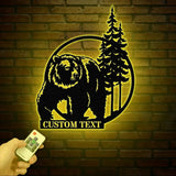 Personalized Bear Cabin Metal Sign with LED Light – Rustic Bear Decor for Cabin or Outdoors – Custom Door Monogram &