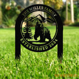 Personalized Bear In Woods Metal Sign Stake Custom Family Name Sign Last Name Signs Cabin Sign Bear Sign Gift For Dad