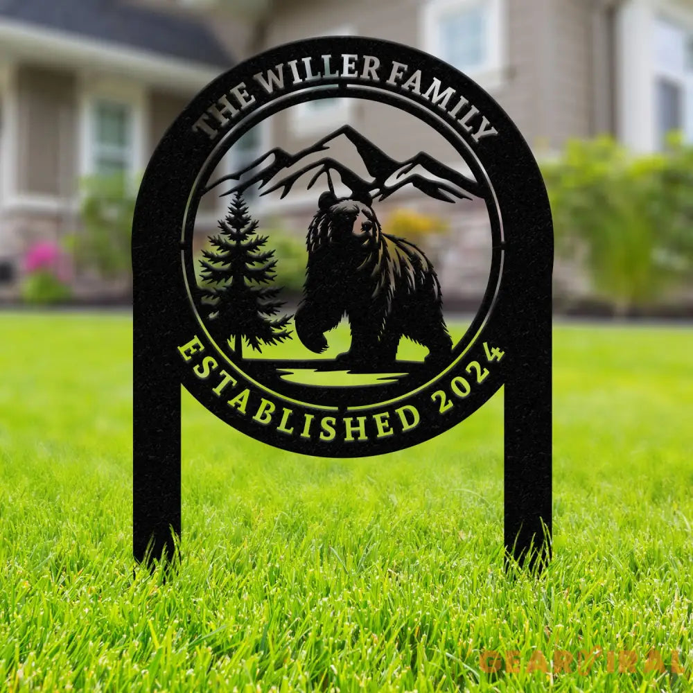 Personalized Bear In Woods Metal Sign Stake Custom Family Name Sign Last Name Signs Cabin Sign Bear Sign Gift For Dad