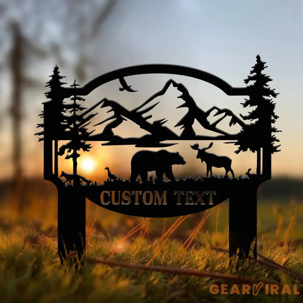 Personalized Bear In Woods Metal Sign Stake Custom Family Name Sign Last Name Signs Cabin Sign Bear Sign Gift For Dad