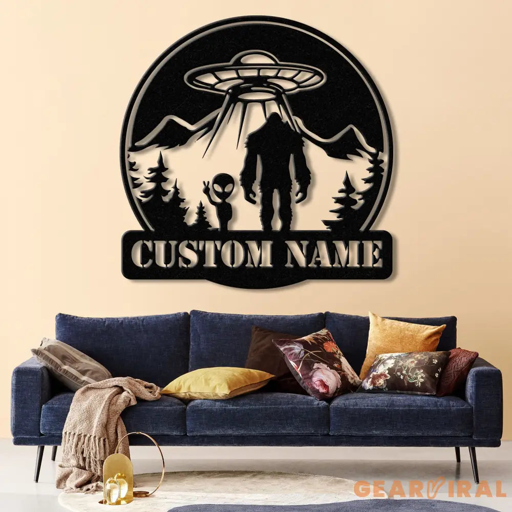 Personalized Bigfoot Alien UFO Metal Wall Art LED Light Custom Sasquatch Name Sign Unique UFO Decor Alien Lover Gift