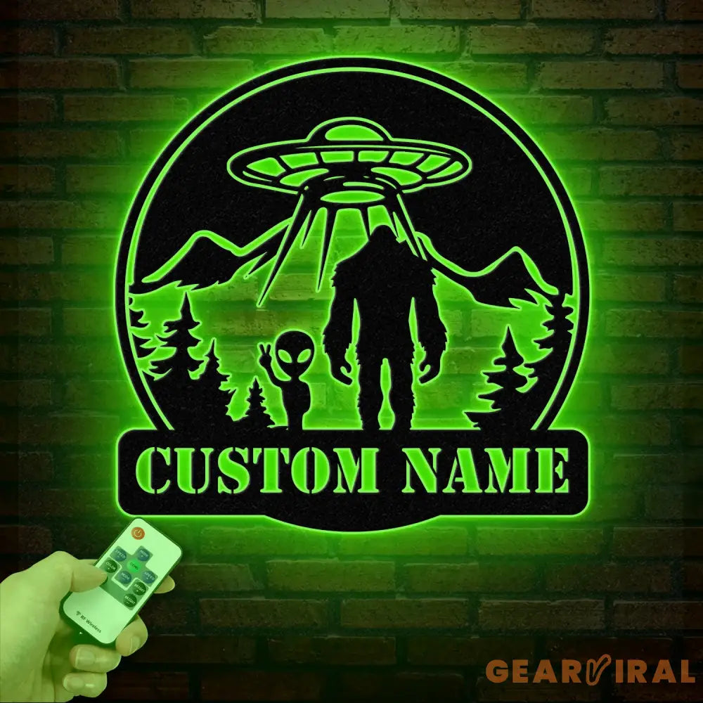 Personalized Bigfoot Alien UFO Metal Wall Art LED Light Custom Sasquatch Name Sign Unique UFO Decor Alien Lover Gift