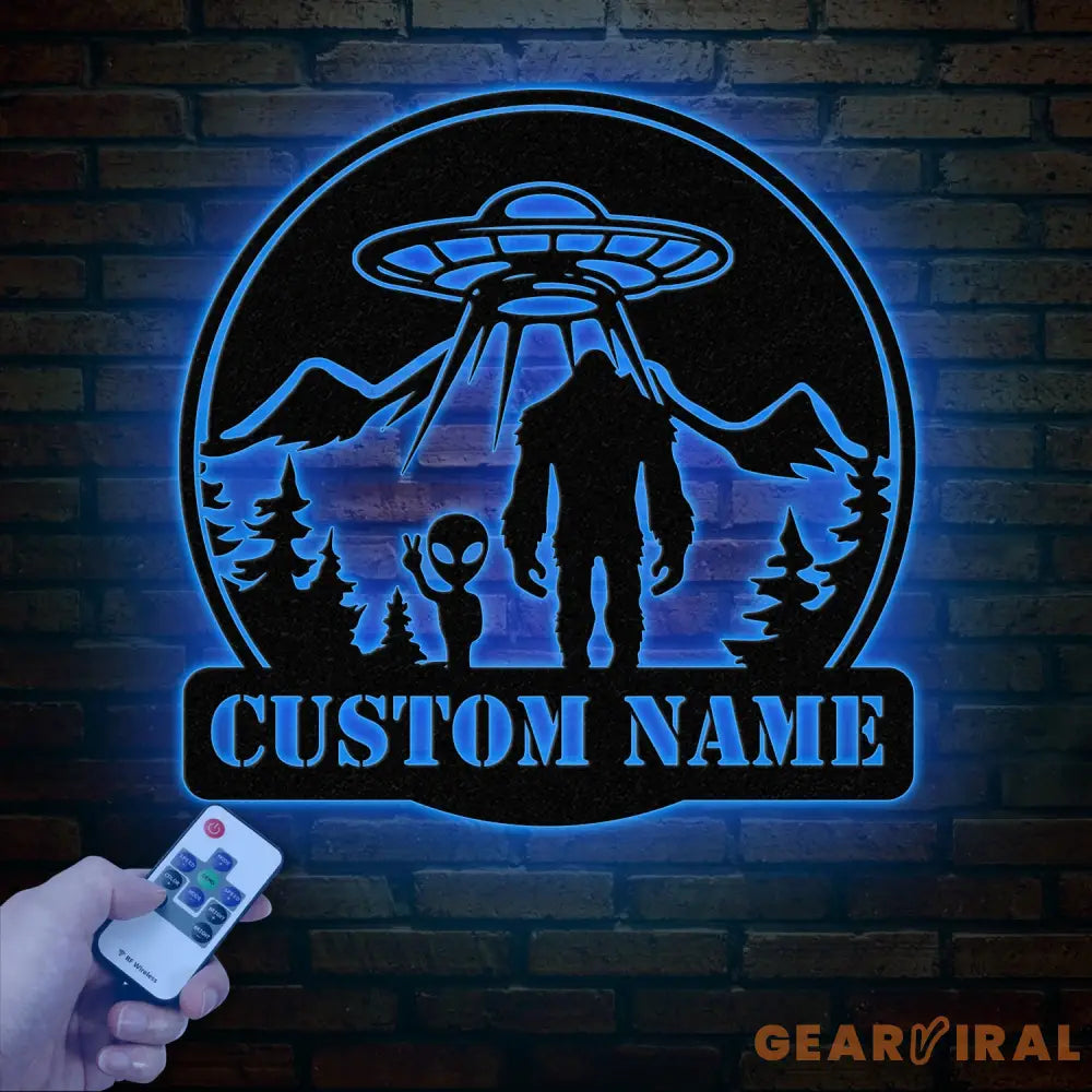Personalized Bigfoot Alien UFO Metal Wall Art LED Light Custom Sasquatch Name Sign Unique UFO Decor Alien Lover Gift