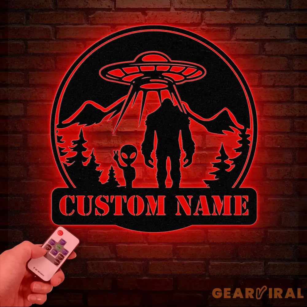 Personalized Bigfoot Alien UFO Metal Wall Art LED Light Custom Sasquatch Name Sign Unique UFO Decor Alien Lover Gift