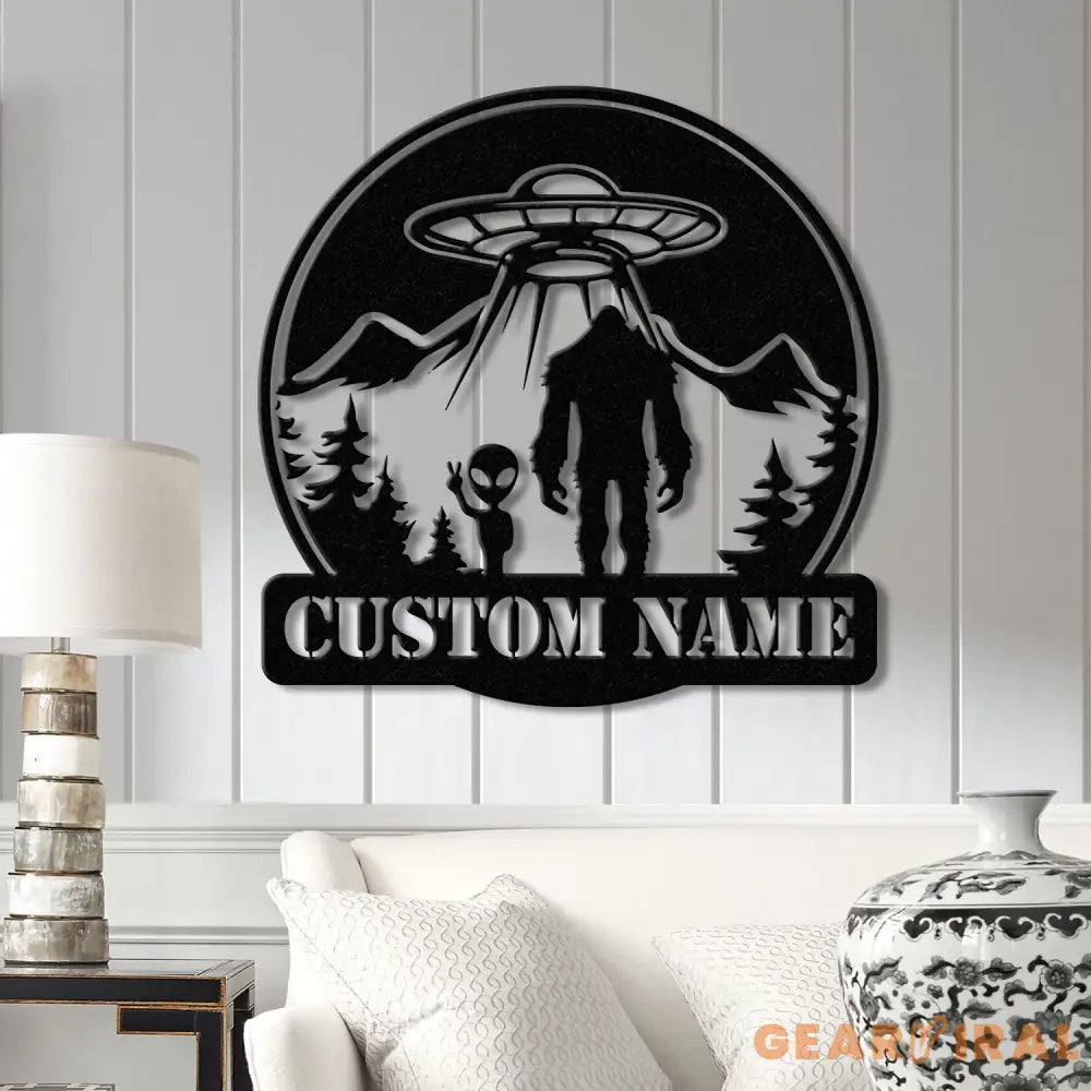 Personalized Bigfoot Alien UFO Metal Wall Art LED Light Custom Sasquatch Name Sign Unique UFO Decor Alien Lover Gift