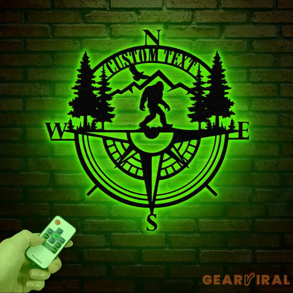 Personalized Bigfoot Compass Metal Wall Art with LED Light Custom Sasquatch Forest Decor Rustic Adventure Compass Sign