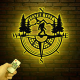 Personalized Bigfoot Compass Metal Wall Art with LED Light Custom Sasquatch Forest Decor Rustic Adventure Compass Sign
