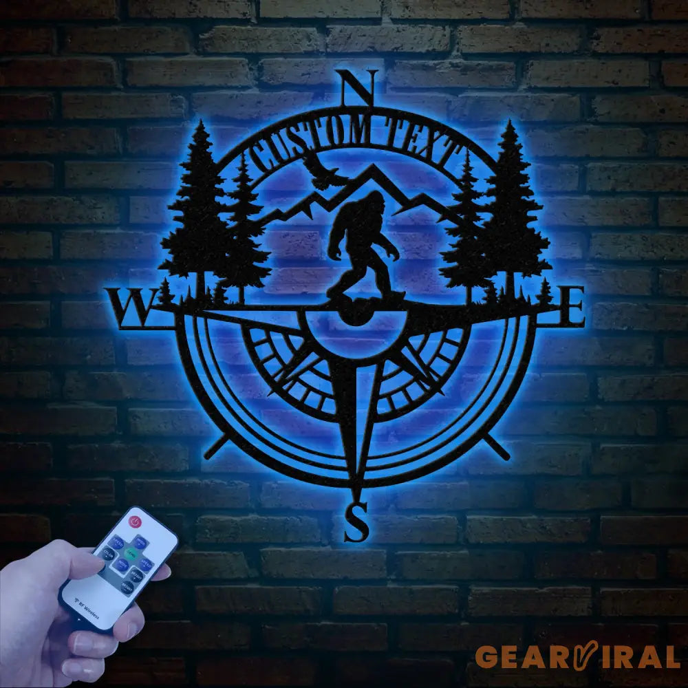 Personalized Bigfoot Compass Metal Wall Art with LED Light Custom Sasquatch Forest Decor Rustic Adventure Compass Sign